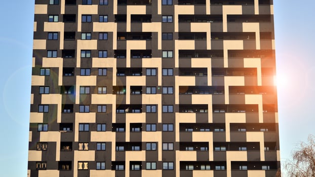 Residential area with modern apartment building. Facade of a modern apartment building. photo