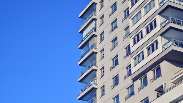 Residential area with modern apartment building. Facade of a modern apartment building. photo