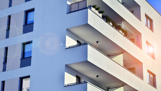 Residential area with modern apartment building. Facade of a modern apartment building. photo