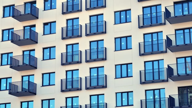 Residential area with modern apartment building. Facade of a modern apartment building. photo