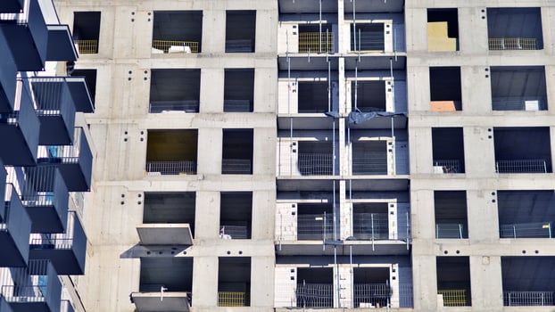 Residential area with modern apartment building. Facade of a modern apartment building. photo