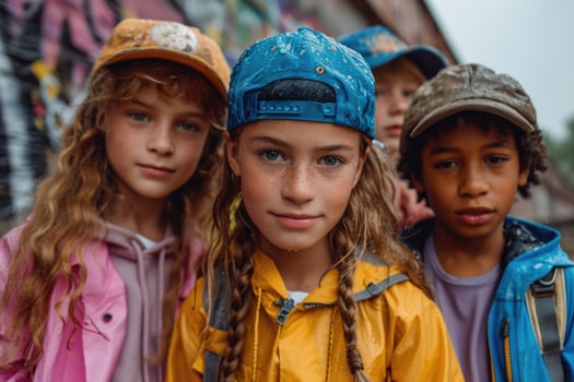 AI generated Three cheerful children in bright clothes have fun spending their summer holidays outdoors photo