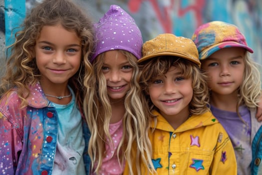 AI generated Four cheerful children in bright clothes have fun spending their summer holidays outdoors photo