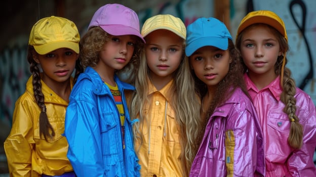 AI generated Five cheerful children in bright clothes have fun spending their summer holidays outdoors photo