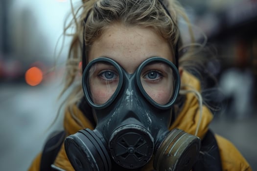 AI generated A girl in a gas mask on a city street. Protective breathing aid photo