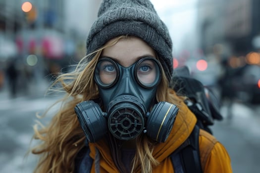 AI generated A girl in a gas mask on a city street. Protective breathing aid photo