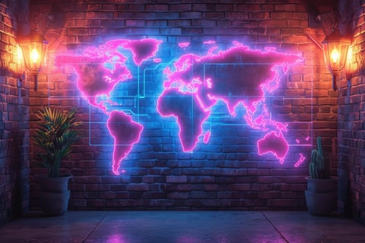 AI generated A world map on the wall with neon lighting. Designer decor on the wall in the room photo