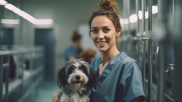 AI generated Young vet girl shares joyful moment with playful dog in clinic symbolizes importance of pet checkups photo