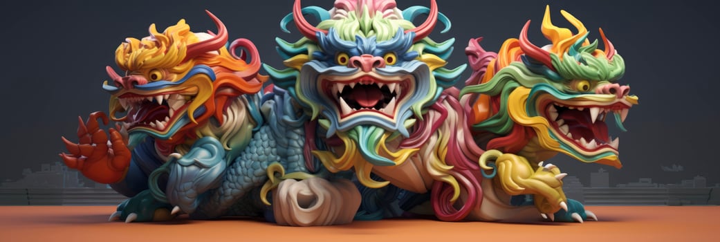 AI generated chinese lion and dragon figurine 3d rendering. generative ai photo