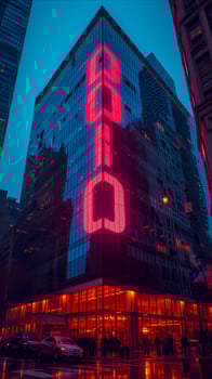 AI generated Tall Building With Neon Sign photo