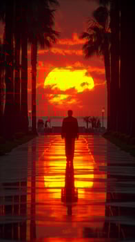 AI generated Person Walking Down Walkway at Sunset photo