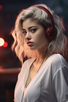 AI generated Woman Wearing Headphones Standing in Front of Microphone photo