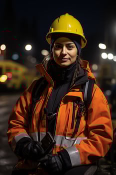 AI generated Woman Wearing Hard Hat and Orange Jacket photo