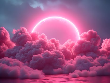 AI generated A background of simple puffy light pink clouds with a neon circle in the center. High-resolution. AI Generative photo