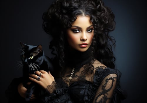 AI generated Beautiful woman with long curly hair and a black cat. Woman's Day photo