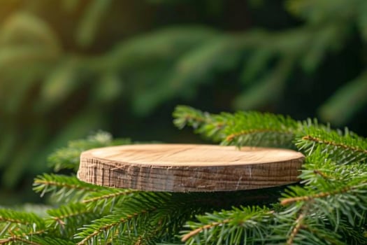 AI generated A round carved slab of wood lies on the branches of spruce, pine, a stand for an object, a podium for cosmetics. Beautiful bokeh of juicy greenery. photo