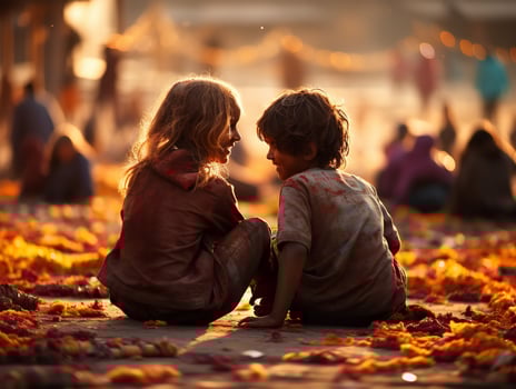 AI generated little kids enjoying Holi festival together,, generative ai photo