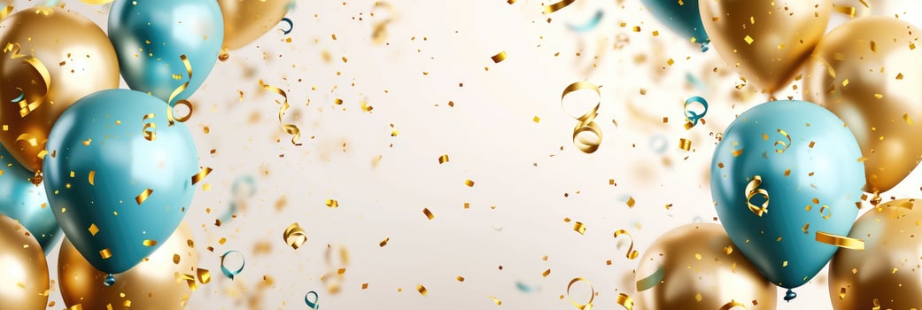 AI generated Golden and blue metallic balloons, confetti and ribbons. Festive card for birthday party, anniversary, new year or other events. photo