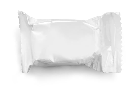 blank plastic pouch snack packaging isolated on white photo