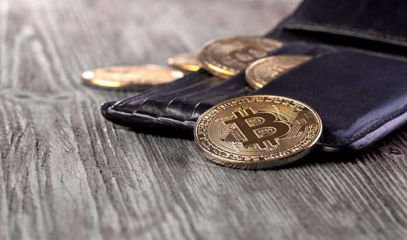 Popular cryptocurrency in leather wallet photo