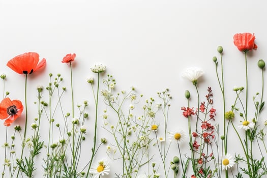 AI generated a bouquet of flowers scattered on white paper with leaves photo