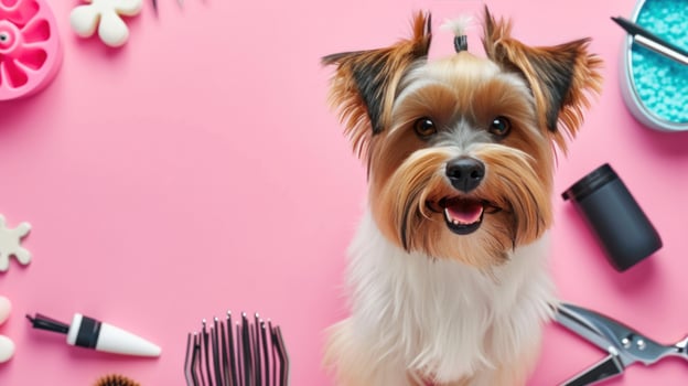 AI generated Pets grooming advertisment background with copy space photo