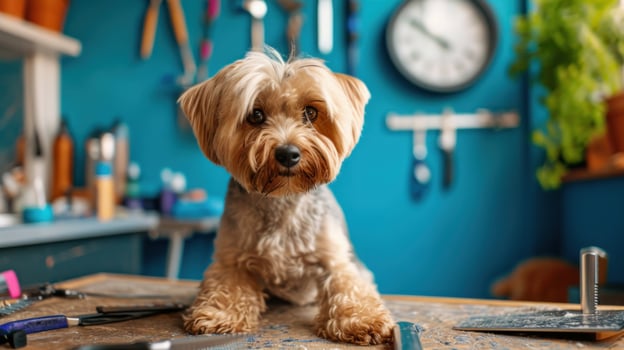 AI generated Pets grooming advertisment background with copy space photo