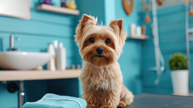 AI generated Pets grooming advertisment background with copy space photo