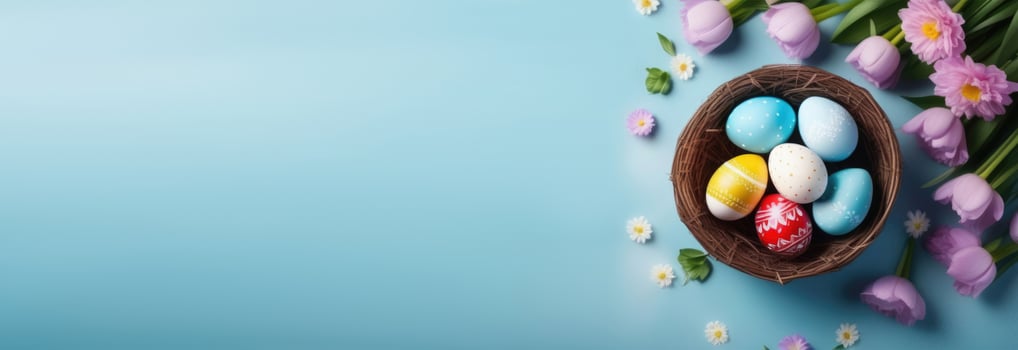 AI generated horizontal banner, Easter, basket with painted eggs, nest, top view, blue background, purple spring flowers, place for text photo