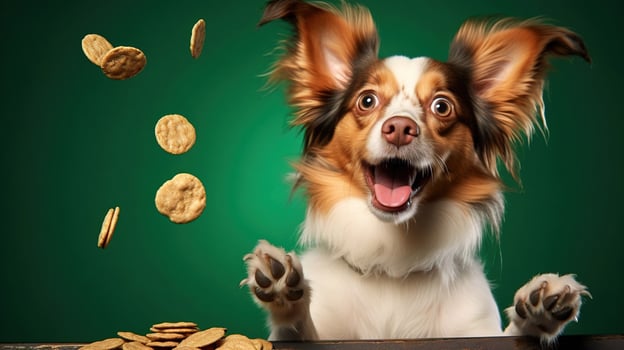 AI generated Funny dog with cookies. Funny dog on green background. photo