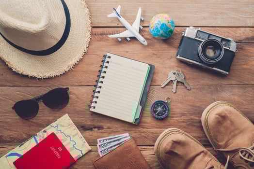 Travel accessories costumes. Passports, luggage, The cost of travel maps prepared for the trip photo