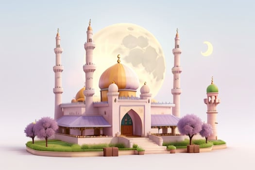 AI generated 3d render mosque, moon and flowers with pastel colors. Eid mubarak and Eid al adha. Pro Photo
