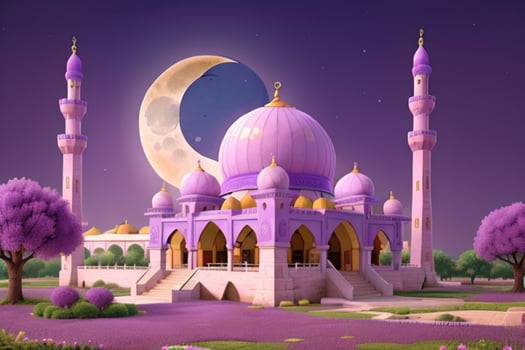 AI generated 3d render mosque, moon and flowers with pastel colors. Eid mubarak and Eid al adha. Pro Photo