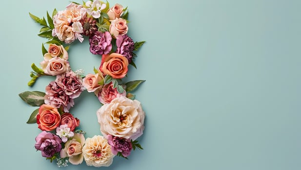 AI generated Floral Arrangement Forming Number Eight on Turquoise Background, woman day concept photo