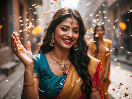 AI generated Portrait of beautiful Indian woman smiling in traditional clothing, celebrating in the street, Hindu festive concept background photo