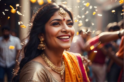 AI generated Portrait of beautiful Indian woman smiling in traditional clothing, celebrating in the street, Hindu festive concept background photo