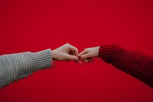 AI generated man and woman closed finger together on red color background, Happy valentine's day concept photo