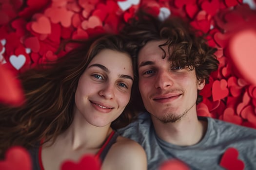 AI generated Yung smiling couple portrait tenderly surrounded by romantic atmosphere of floating hearts. photo