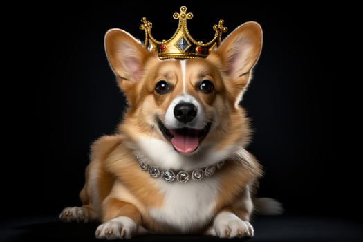 AI generated portrait of a cute corgi dog wearing a golden royal crown on black background photo