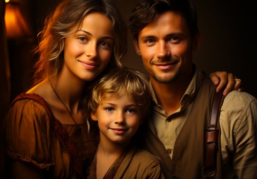 AI generated Family portrait at sunset. A man, woman and child are posing for a picture photo
