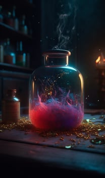 AI generated Magic potion ultra realistic. A jar filled with liquid sitting on top of a table photo
