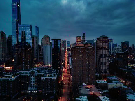 Cityscape aerial view of Chicago from observation deck at sunset photo