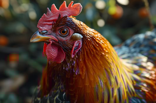 AI generated Close-Up of Rooster in Field, A Detailed View of a Fierce and Majestic Farm Animal photo