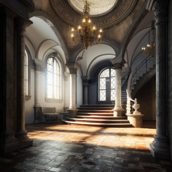 AI generated Ultra realistic modern castle interior. A large room with a chandelier and a staircase photo
