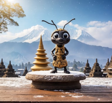 AI generated Ant on the top of the pagoda with Mount Fuji background. photo