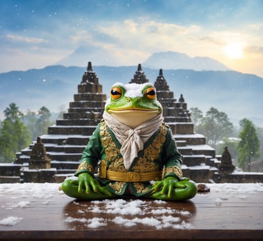AI generated Frog sitting on a wooden table in front of the temple in Bali, Indonesia photo