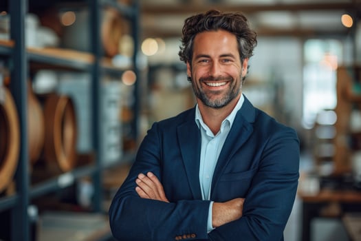 AI generated Happy businessman with arms crossed smiling confidently in the office, accountability concept photo