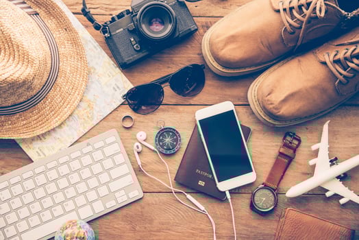 Travel accessories costumes. Passports, luggage, The cost of travel maps prepared for the trip photo