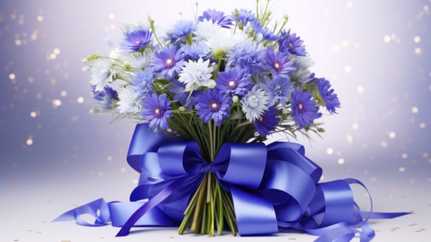 AI generated Blue cornflowers in full bloom on light background with glitter and bokeh. Banner with copy space. Perfect for poster, greeting card, event invitation, promotion, advertising, print photo