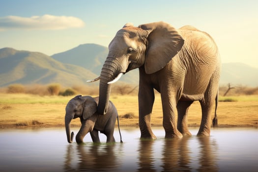 AI generated Closeup portrait elephant and child elephant in water on blue sky background looking down photo